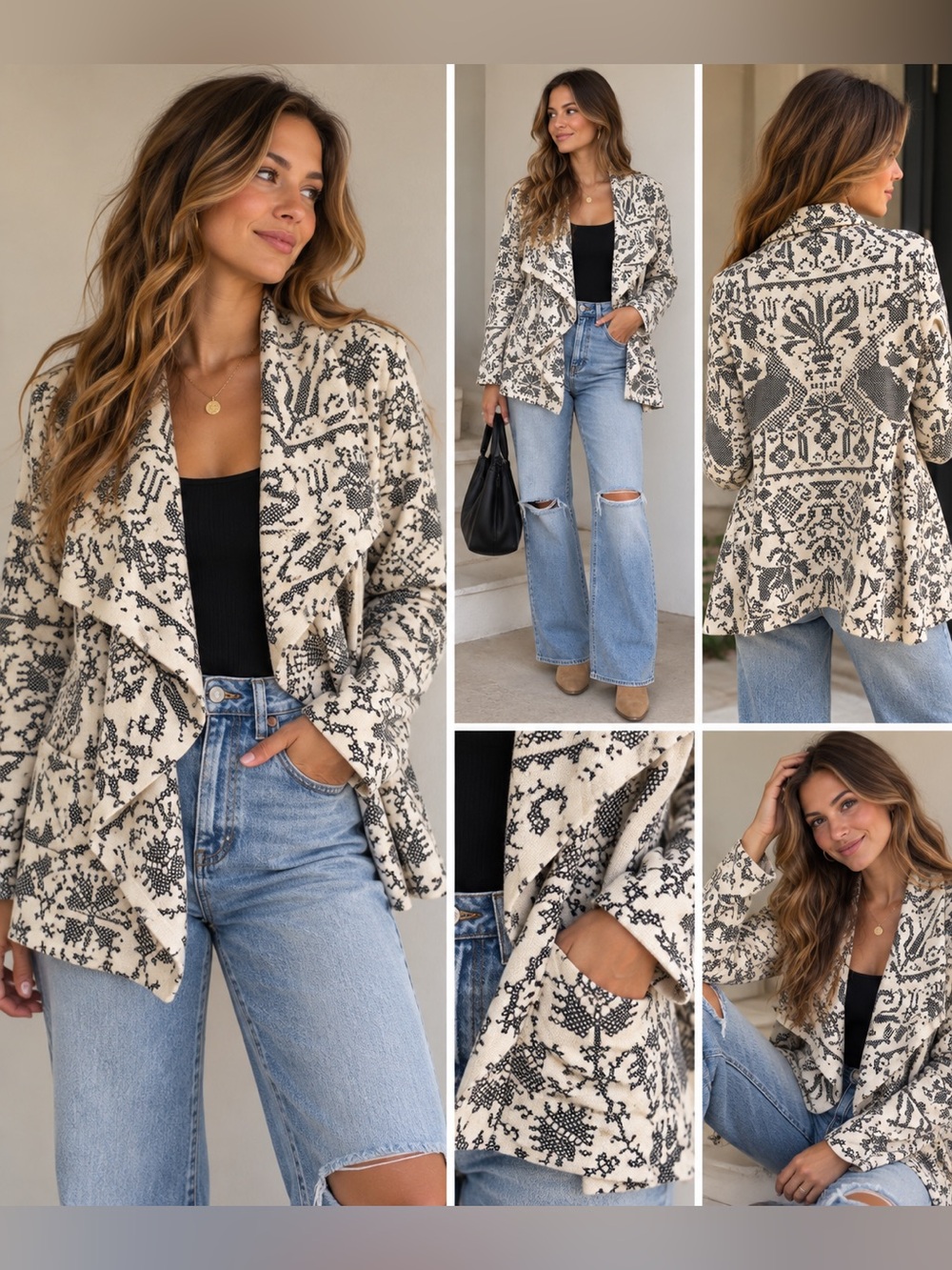 Free People Ivory Black Folk Print Draped Open Front Cardigan Jacket Boho